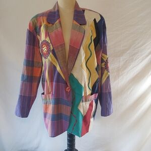 Adam Douglas Funky Pink Plaid Sun Starburst Embroidered 80s Blazer Jacket Size M